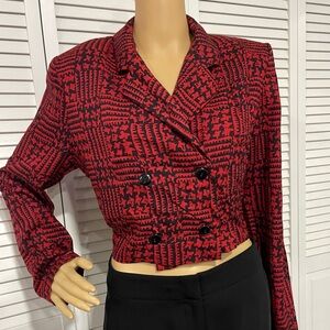 Cropped Double-Breasted Vintage Red Patterned Blazer